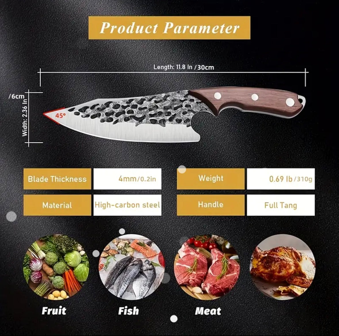 Couteau de Chef Forgé Multifonction (Cuisine, Camping, Survie) - Acier Carbone