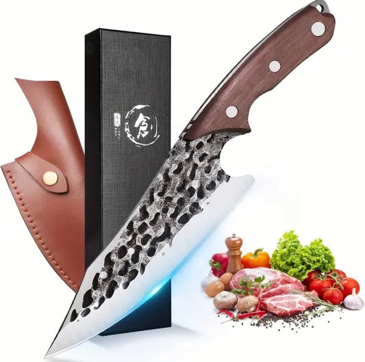 Couteau de Chef Forgé Multifonction (Cuisine, Camping, Survie) - Acier Carbone