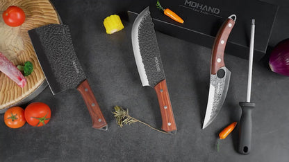 Coffret 3 Couteaux Forgés à la Main + Affûteur